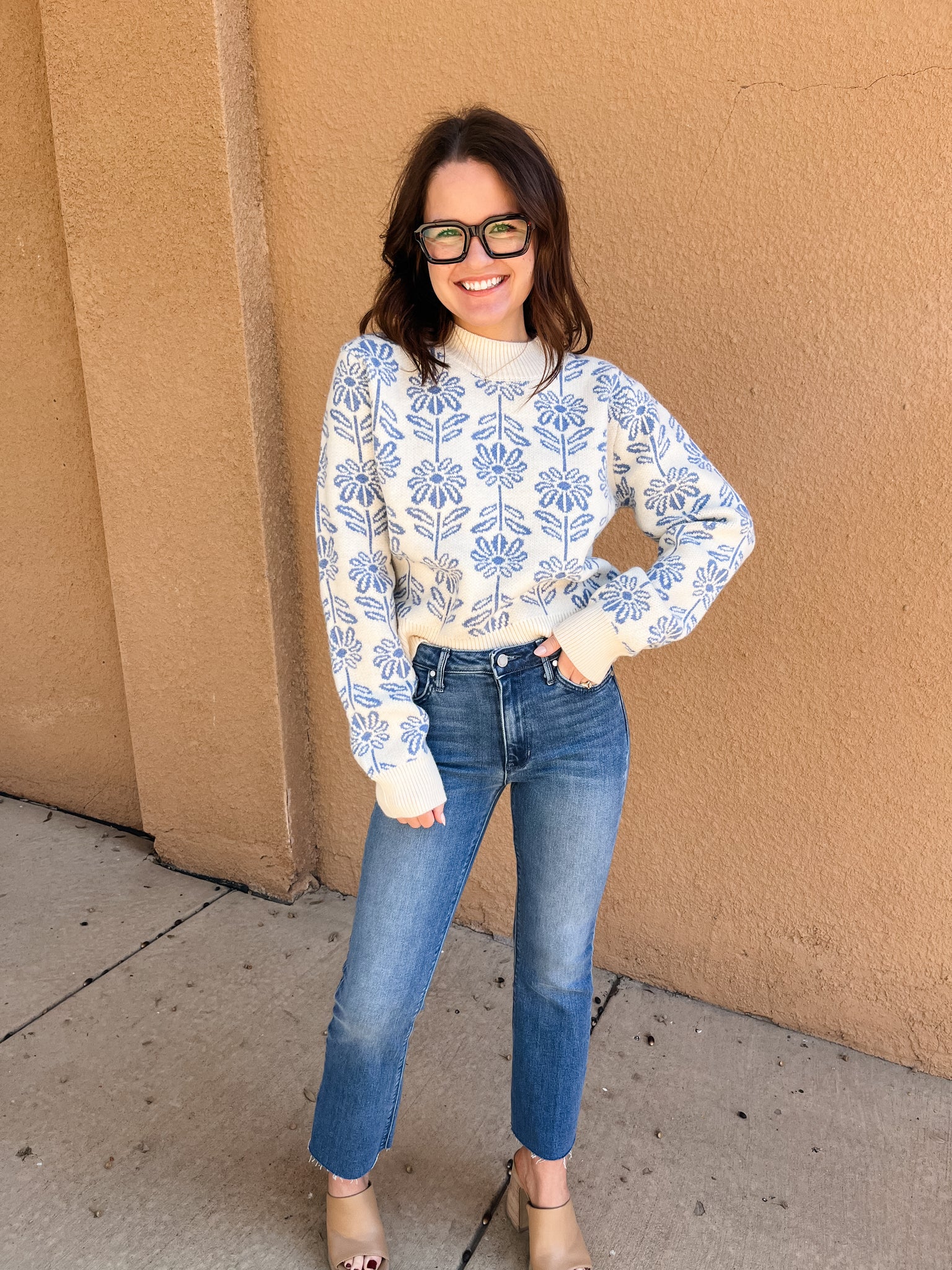 Winter Floral Blue and White Sweater-K. Ellis Boutique