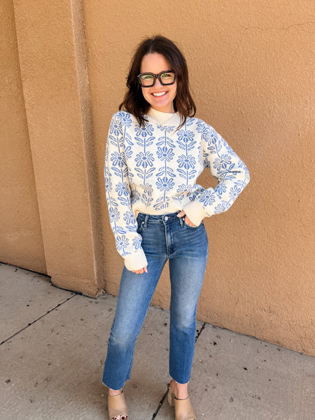 Winter Floral Blue and White Sweater-K. Ellis Boutique