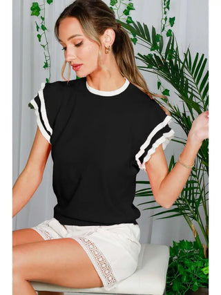Crew Neck Short Ruffle Sleeve Knit Top - Black-Short Sleeve Top-K. Ellis Boutique
