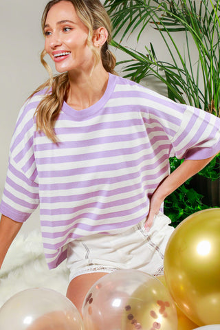 Short Sleeve Striped Sweater Top- Lavender-Basic Tee/Tank-K. Ellis Boutique