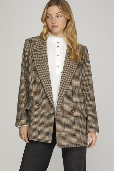 Wool Blend Oversize Checker Blazer- Brown-K. Ellis Boutique