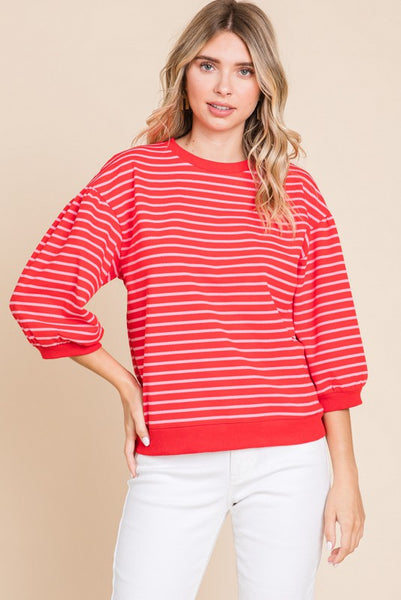 Striped Print 3/4 Sleeves Top- Pink/Red-K. Ellis Boutique