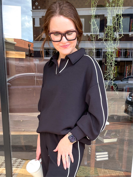 Modal Poly Piping Polo Top- Black/Cream-K. Ellis Boutique