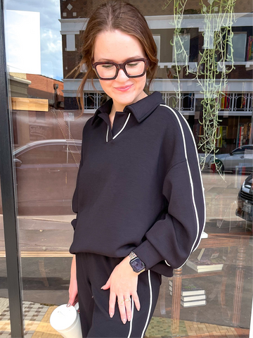 Modal Poly Piping Polo Top- Black/Cream-K. Ellis Boutique