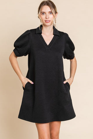 Textured Open Collar Dress- Black-K. Ellis Boutique