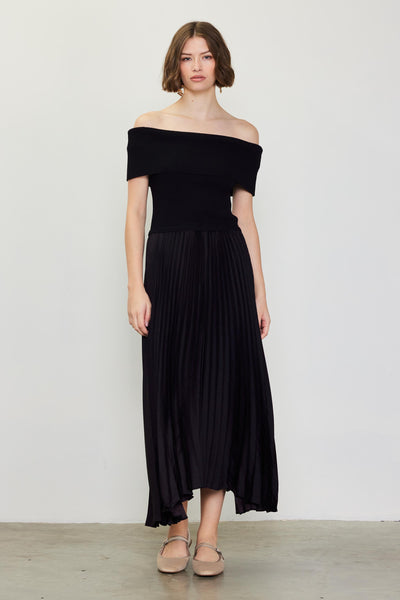 OFF THE SHOULDER RIB DRESS WITH PLEATED SKIRT - BLACK-K. Ellis Boutique