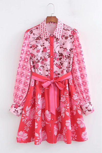 MULTI PRINT LONG SLEEVE BELTED SHIRT DRESS - Pink-K. Ellis Boutique