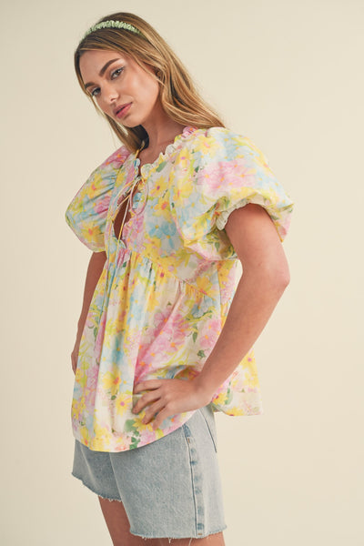 SCALLOP TRIM FLORAL BABYDOLL TOP- YELLOW-K. Ellis Boutique