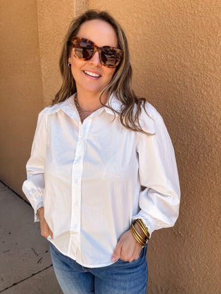 Ruffle Detail Button Down- Off White-K. Ellis Boutique