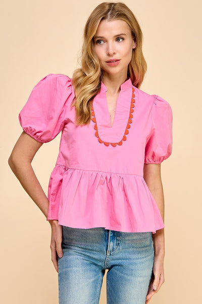 V Neckline Puff Sleeve Top- Pink-K. Ellis Boutique