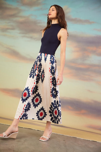 Printed Pleated Midi Dress - Navy-K. Ellis Boutique