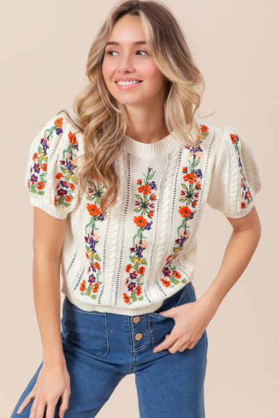 FLOWER EMBROIDERY SHORT SLEEVE SWEATER - IVORY-K. Ellis Boutique