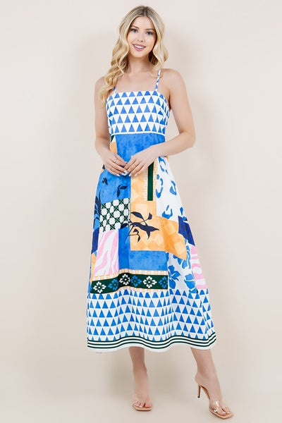 PATCHWORK PRINT SLEEVELESS STRAP DRESS- BLUE-K. Ellis Boutique