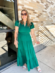 Solid Bubble Sleeve V-Neck Midi Dress- Hunter Green-K. Ellis Boutique