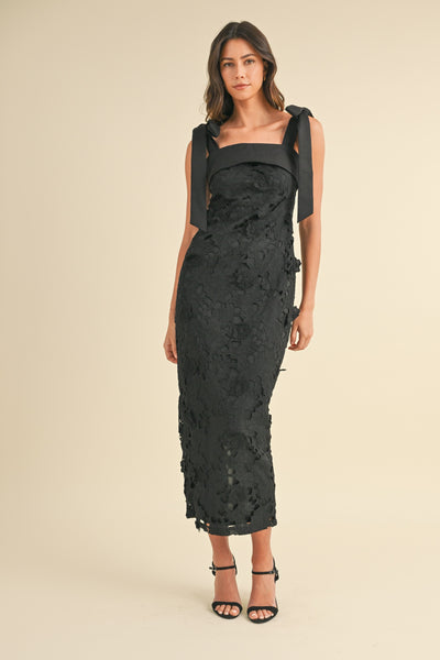 SHOULDER STRAP LACE FLORAL MIDI DRESS- BLACK-K. Ellis Boutique