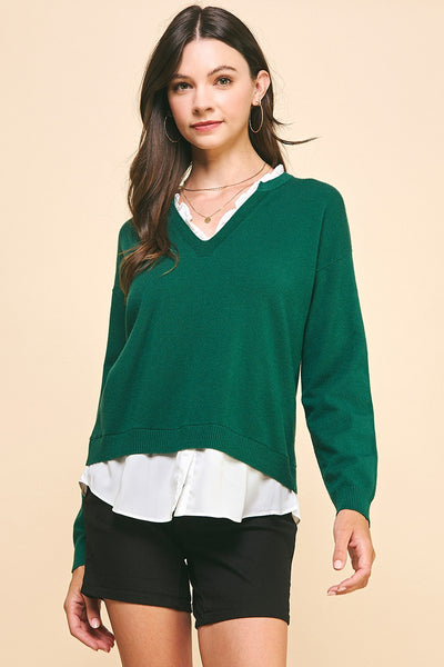 V-neck Knit Woven Combo Top- Pine Green-K. Ellis Boutique