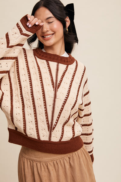 V- Striped Pointelle Light Weight Knit Sweater- Maple-K. Ellis Boutique