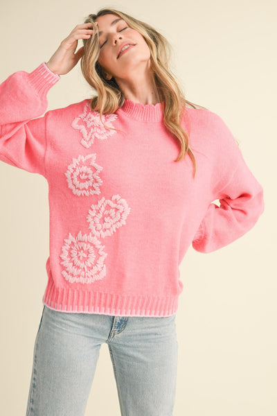 Madeline Floral Embroidery Mock Neck Sweater- Pink-K. Ellis Boutique