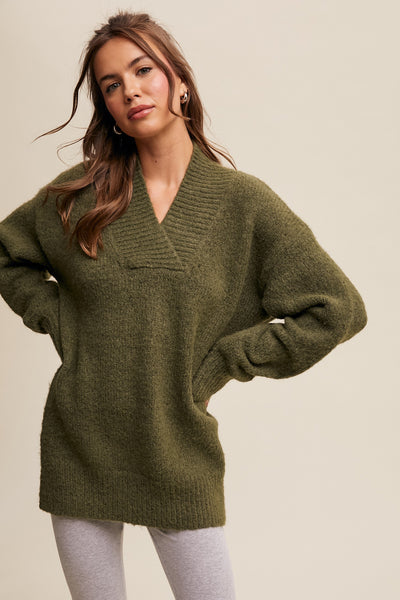 V-neck Slouchy Soft Knit Sweater- Olive-K. Ellis Boutique