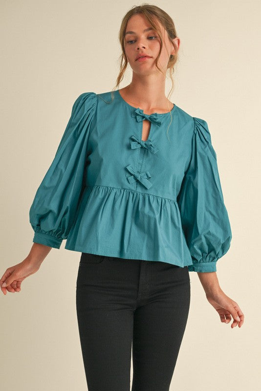 Bow Tie Peplum Top- Teal-K. Ellis Boutique