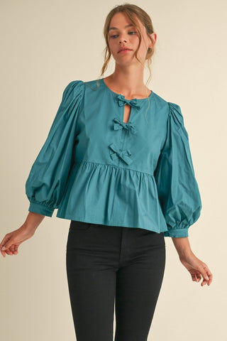 Bow Tie Peplum Top- Teal-K. Ellis Boutique