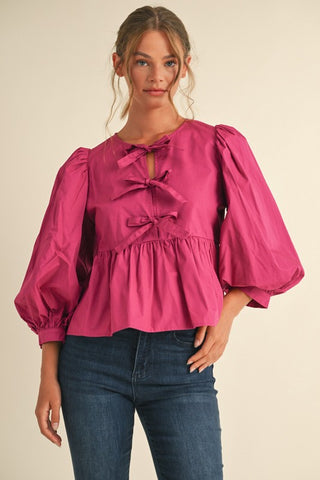 Bow Tie Peplum Top- Magenta-K. Ellis Boutique