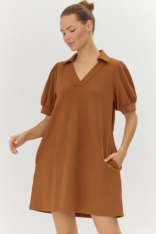 Textured Open Collar Dress- Toffee-K. Ellis Boutique