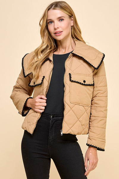 Front Zipper Quilted Puffer Jacket- Beige-K. Ellis Boutique