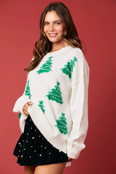 Christmas Tree Oversized Sweater -Pearl Embellished-K. Ellis Boutique