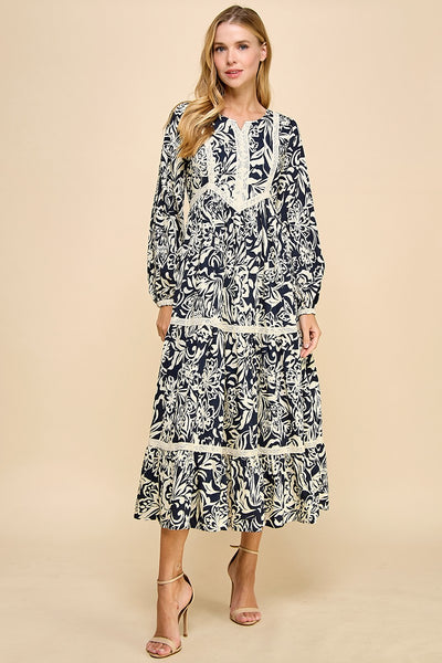 Floral Print Lace Trim Maxi Dress- Navy-K. Ellis Boutique