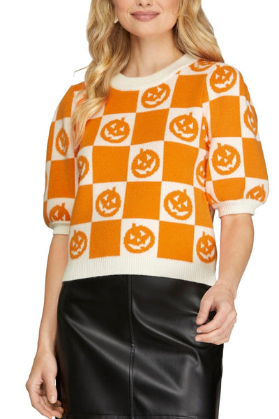 Short Sleeve Pumpkin Checkered Top - Pumpkin-K. Ellis Boutique