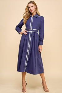 Adjustable Tie Midi Shirt Dress- Navy-K. Ellis Boutique