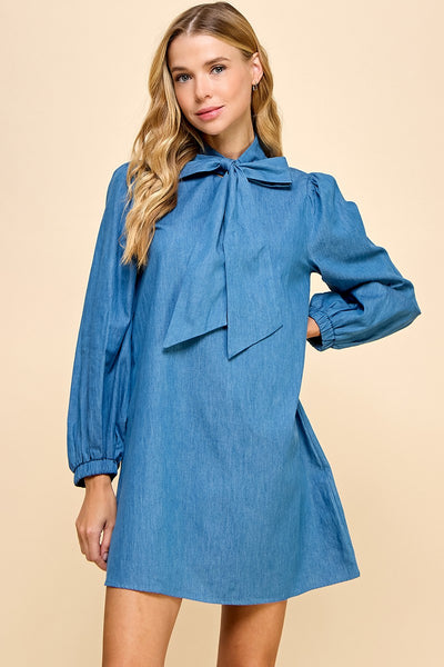 Adjustable Bow Tie Denim Dress- Light Denim-K. Ellis Boutique