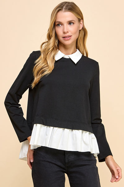 Mixed Media Long Sleeve Top- Black-K. Ellis Boutique