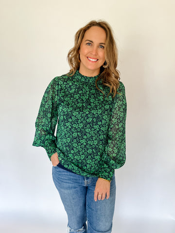 Mock Neck Printed Top - Spearmint Navy-K. Ellis Boutique