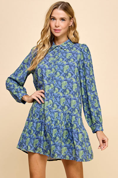 Abstract Print Dropped Waist Shirt Dress- Blue-K. Ellis Boutique