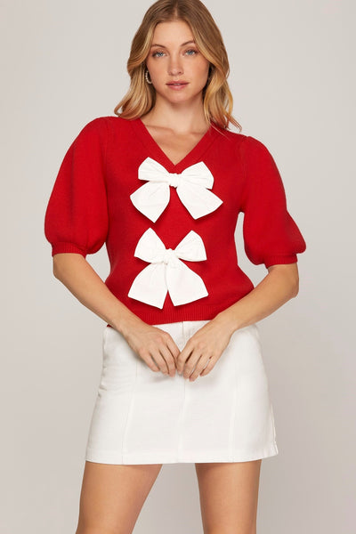 Front Bow Detail Sweater Top- Red-K. Ellis Boutique