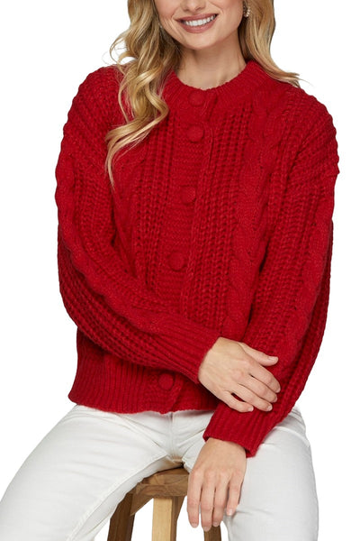 Cable Knit Sweater Cardigan- Red-K. Ellis Boutique