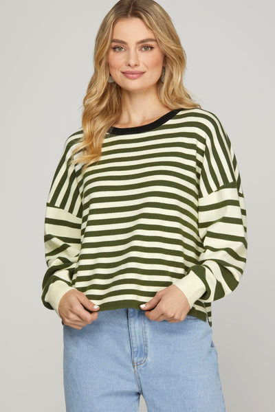 Contrast Striped Sweater Top - Olive-K. Ellis Boutique