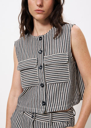 FRNCH Striped Button Down Sleeveless Vest- Chocolate-K. Ellis Boutique