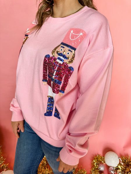 Sequin Nutcracker Embroidered Sweater- Baby Pink-K. Ellis Boutique