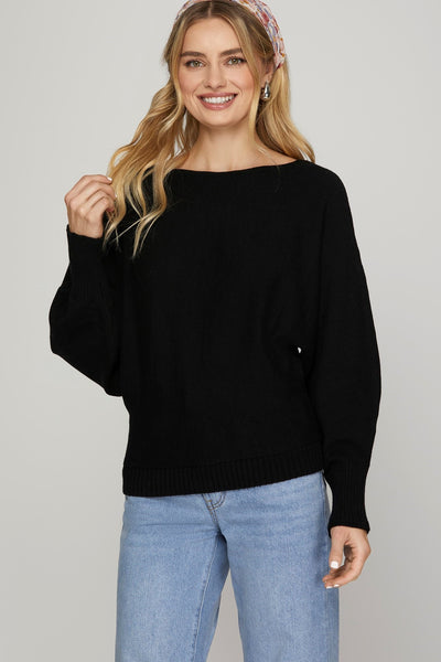 Solid Boat Neck Sweater Top - Black-K. Ellis Boutique