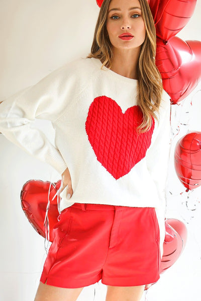 Heart Shape Cable Detail Sweater Top- Red/White-K. Ellis Boutique