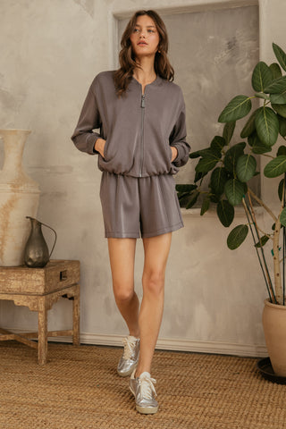 Solid Soft Modal Poly Jacket and Short Set- Brown-K. Ellis Boutique
