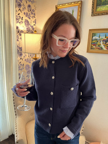 Ruffle Neckline Crewneck Cardigan- Navy-K. Ellis Boutique