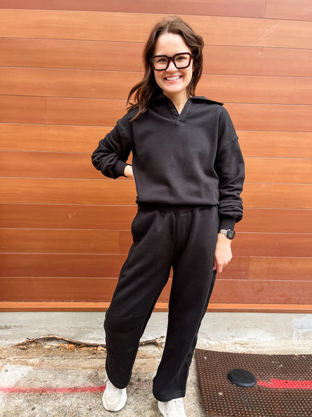 Lounge Layer Long Sleeve Collared Pullover- Black-K. Ellis Boutique