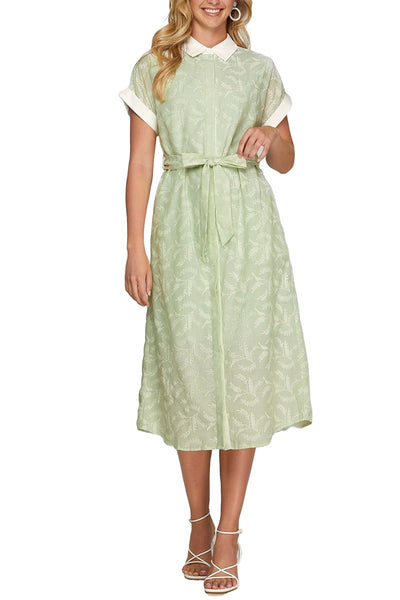 Contrast Collared Midi Dress- Light Sage-K. Ellis Boutique