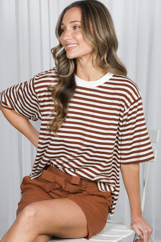 Crew Neck Short Sleeve Striped Top- Chocolate Stripe-Basic Tee/Tank-K. Ellis Boutique