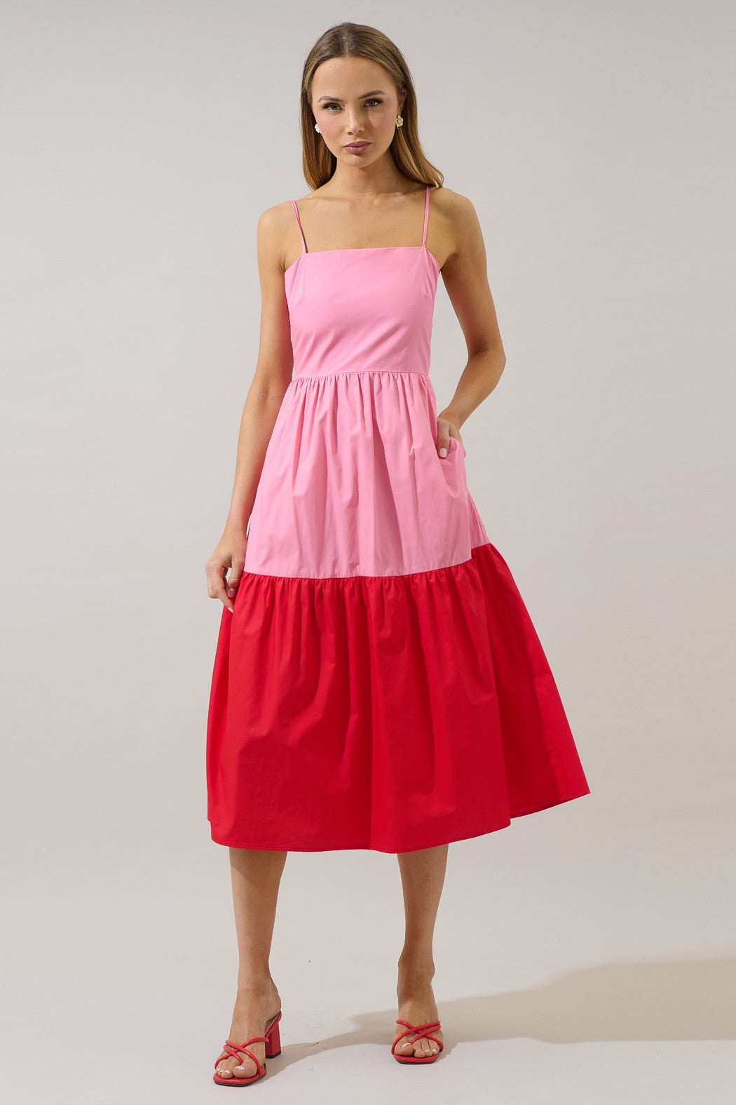 Rebekah Color Block Midi Dress- Pink & Red Medium Rebekah Color Block Midi Dress- Pink & Red Medium
