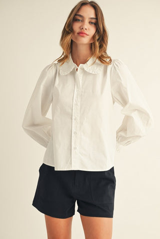 Ruffle Detail Button Down- Off White-K. Ellis Boutique